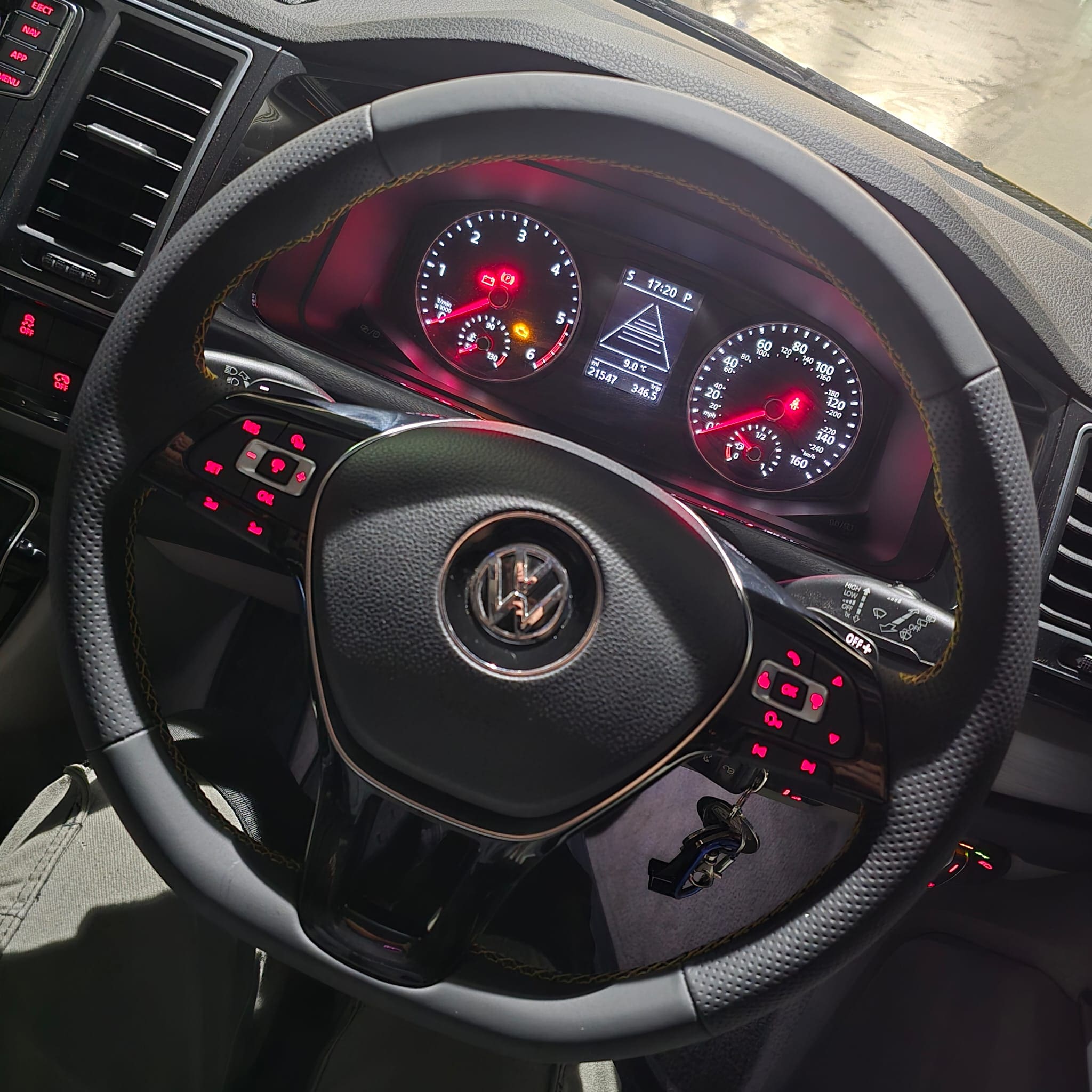 VW Transporter T6 steering wheel retrim with bright yellow stitching perforated sides and Nappa leather with ACC buttons