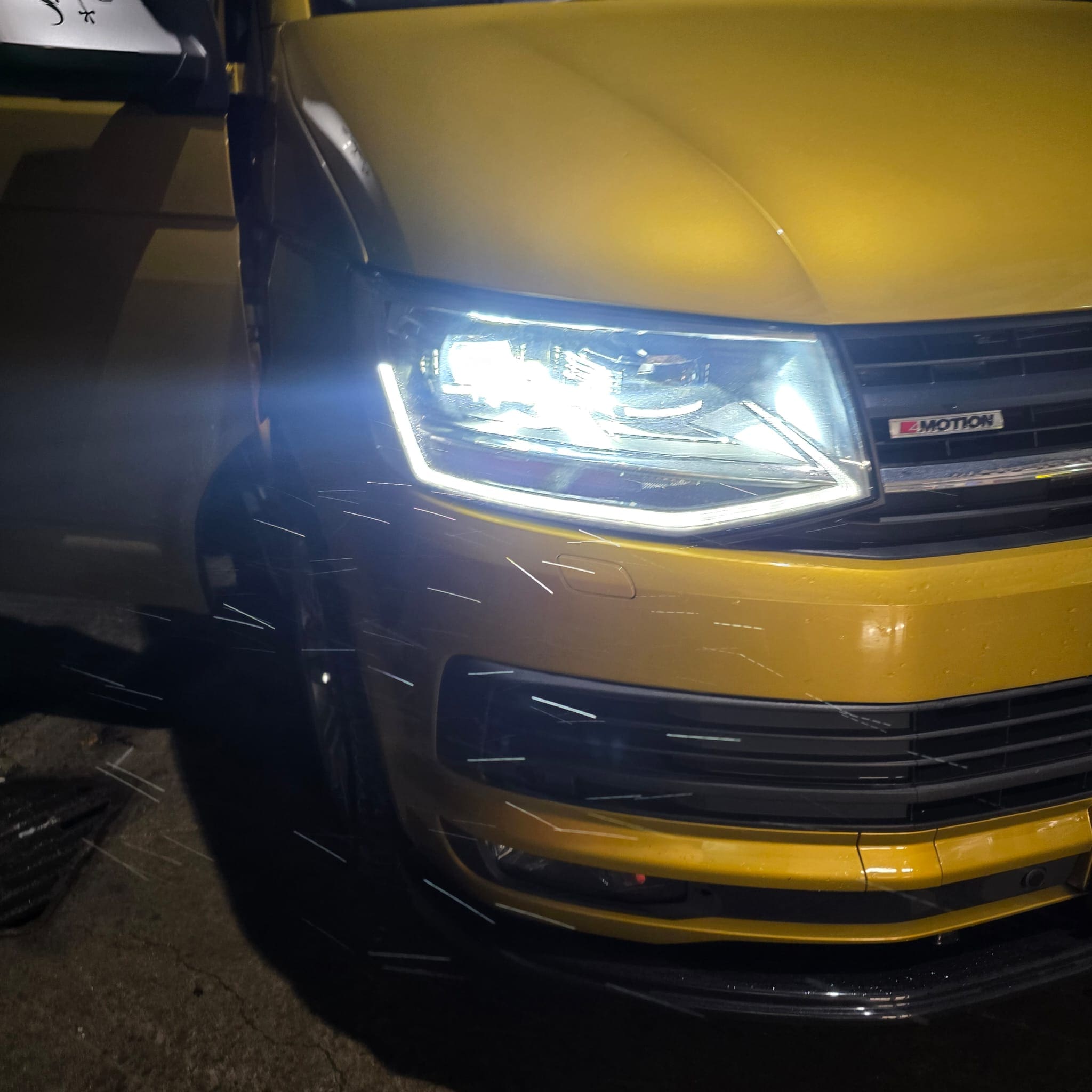 VW Transporter T6 steering wheel retrim with Nappa and perforated leather yellow stitching and ACC stereo buttons