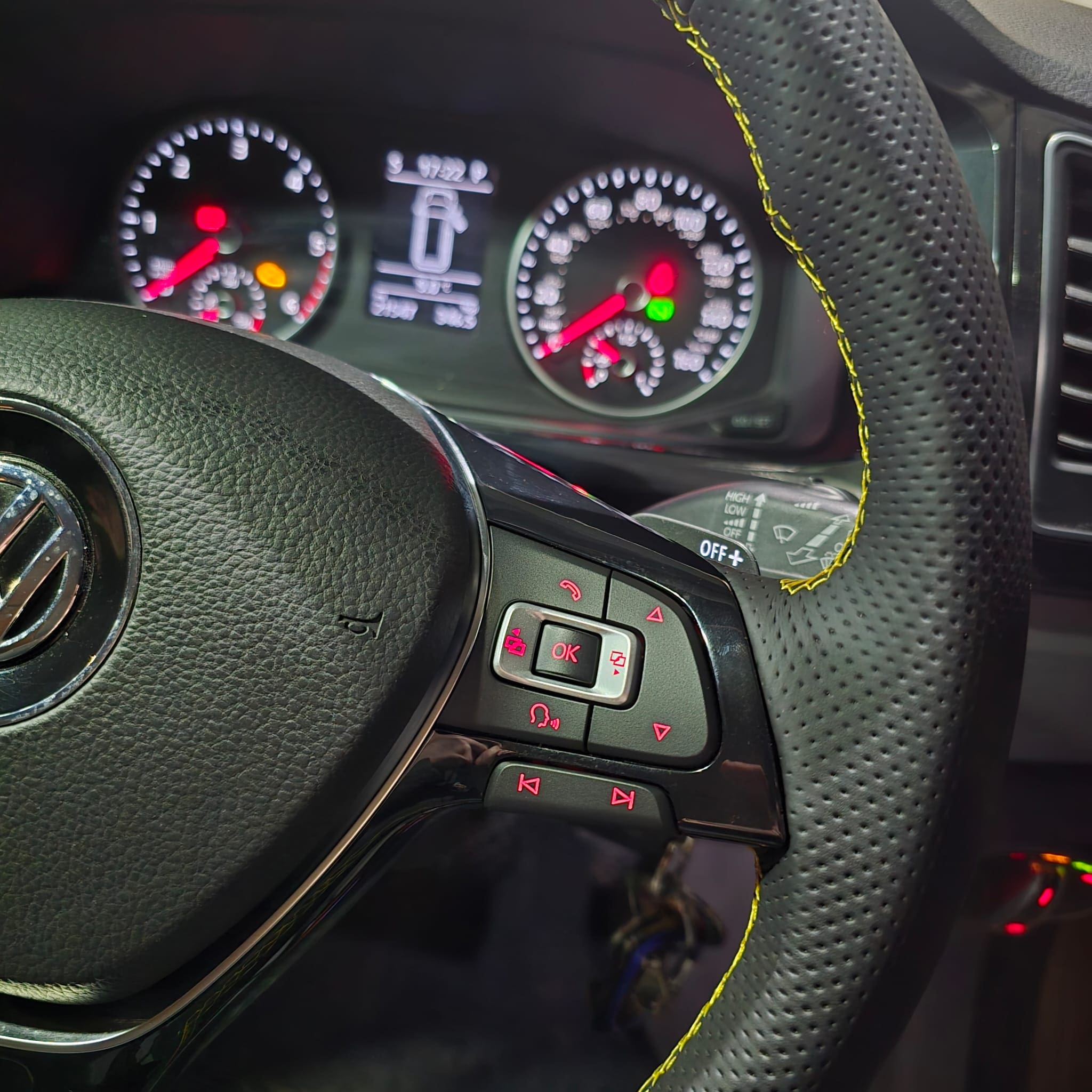 VW Transporter T6 steeringwheel retrim upgrade with yellow stitching perforated sides Nappa leather and multifunction buttons